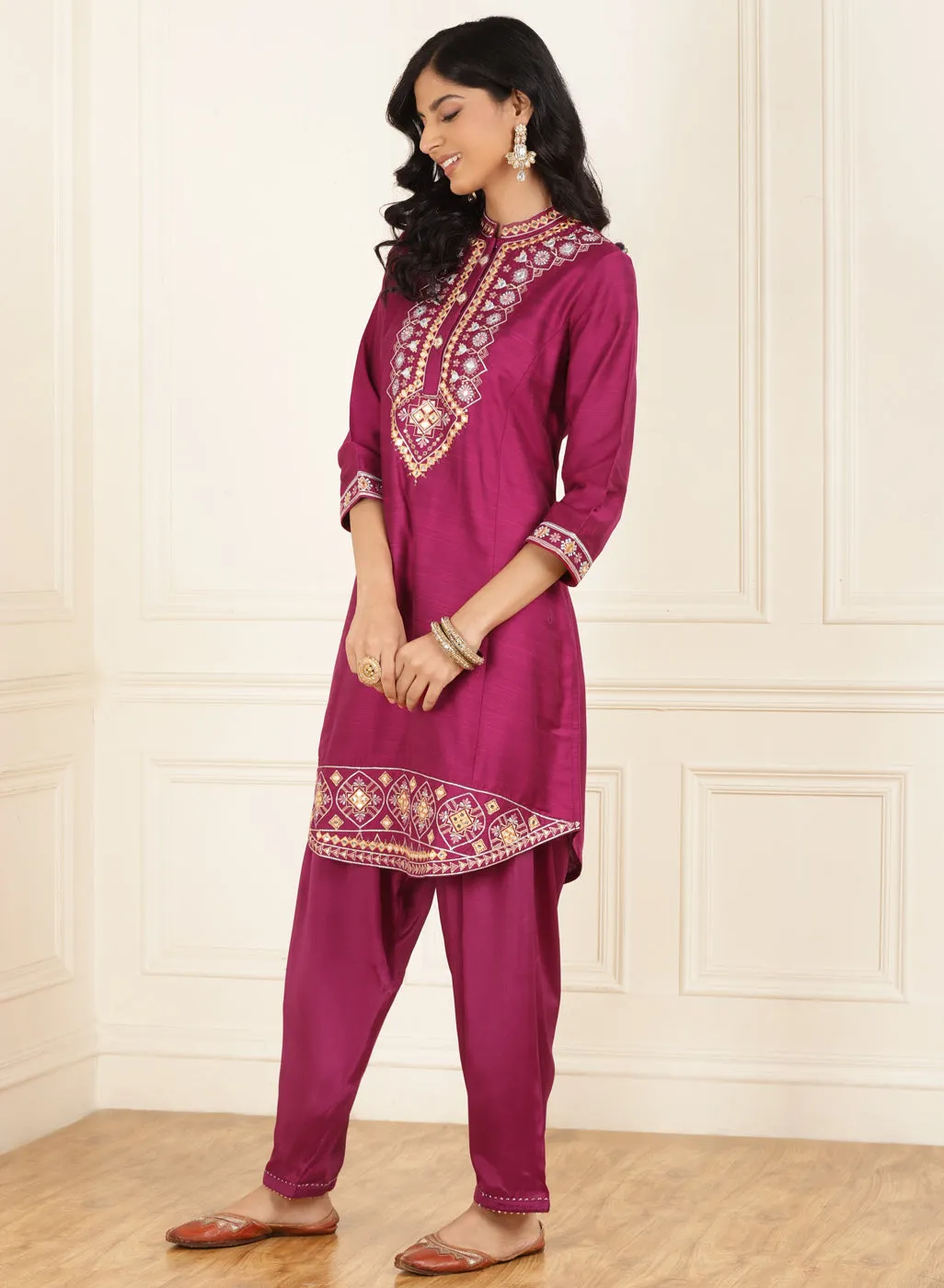 Fuchsia Embroidered Party Wear Kurta Set with Mirror Work