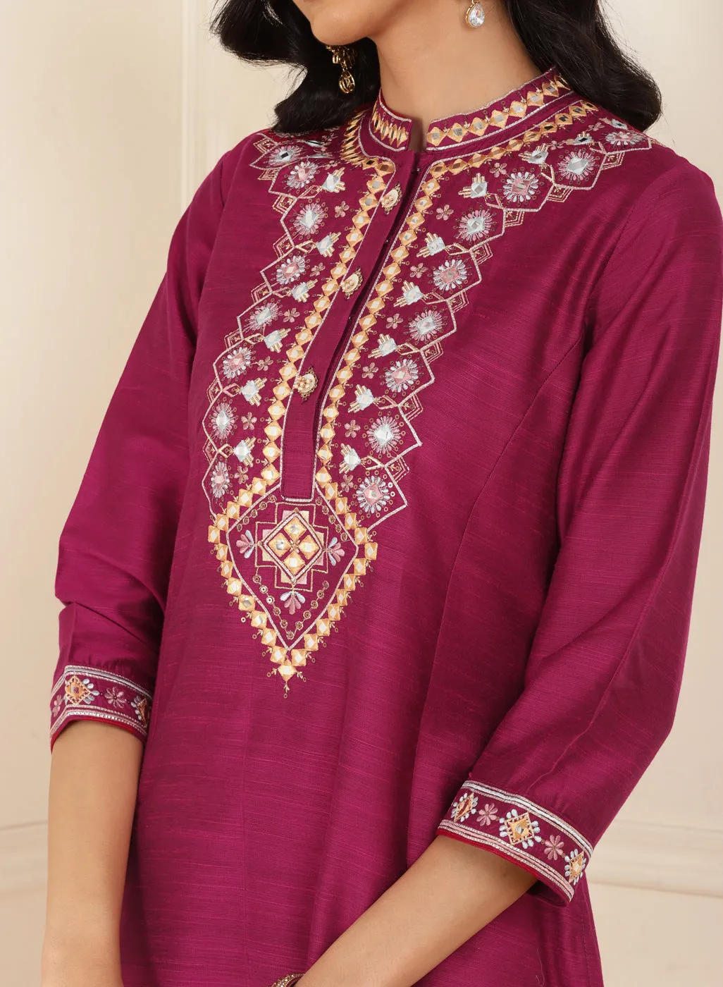 Fuchsia Embroidered Party Wear Kurta Set with Mirror Work