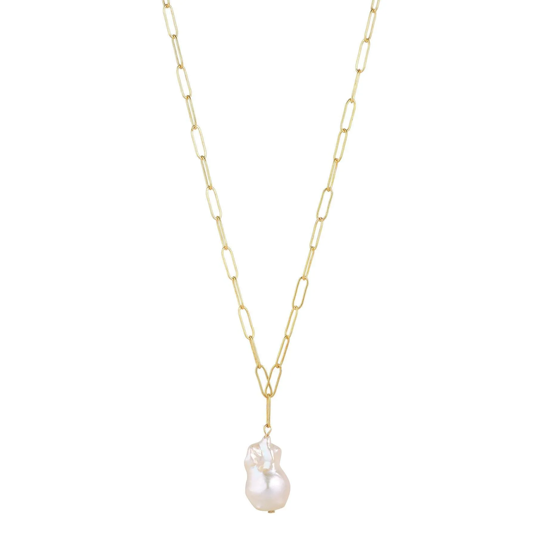 Gold Filled Paperclip Chain with Large Baroque Pearl Pendant Necklace