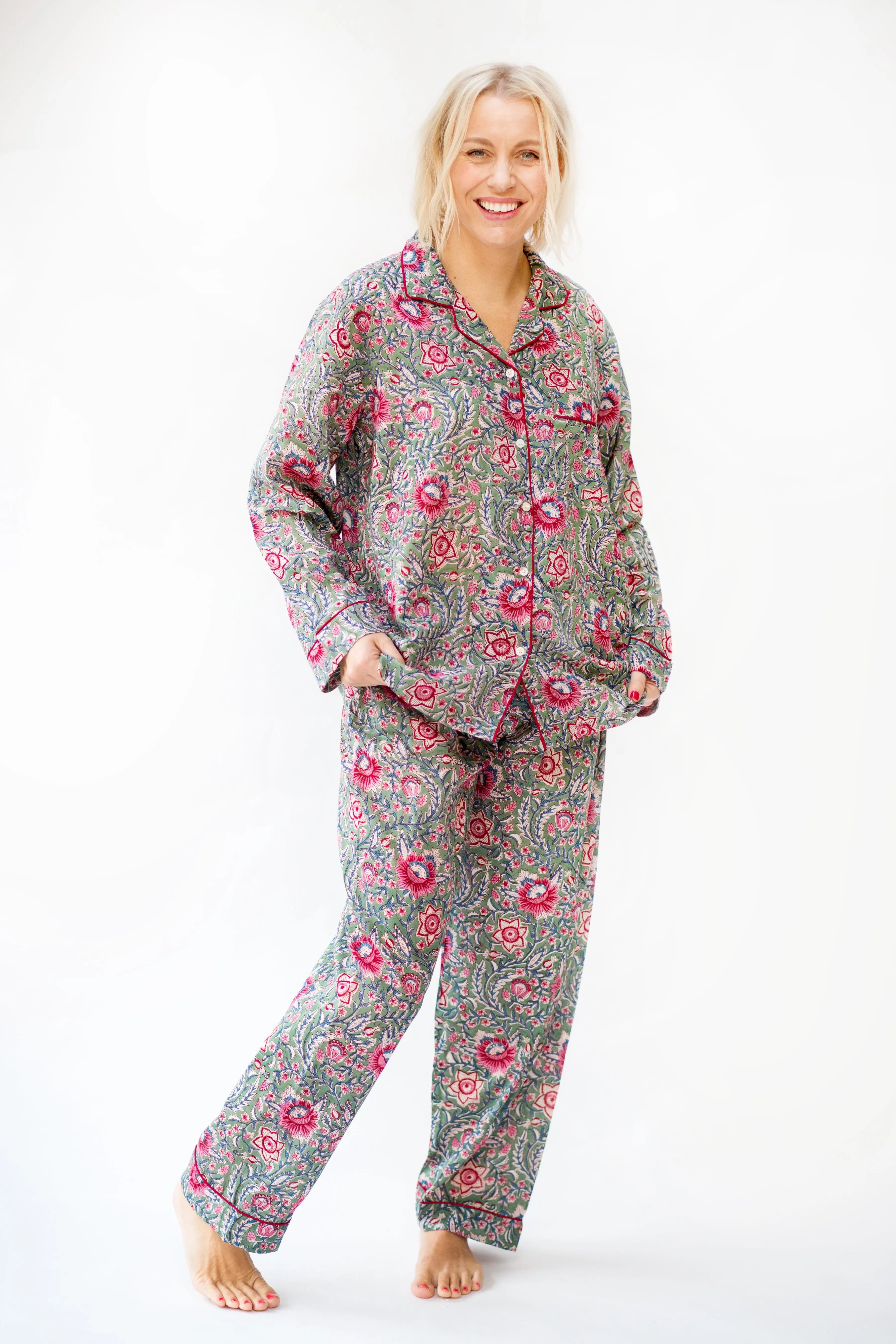 Long PJ Set in Green & Vibrant Pink Floral Block Print