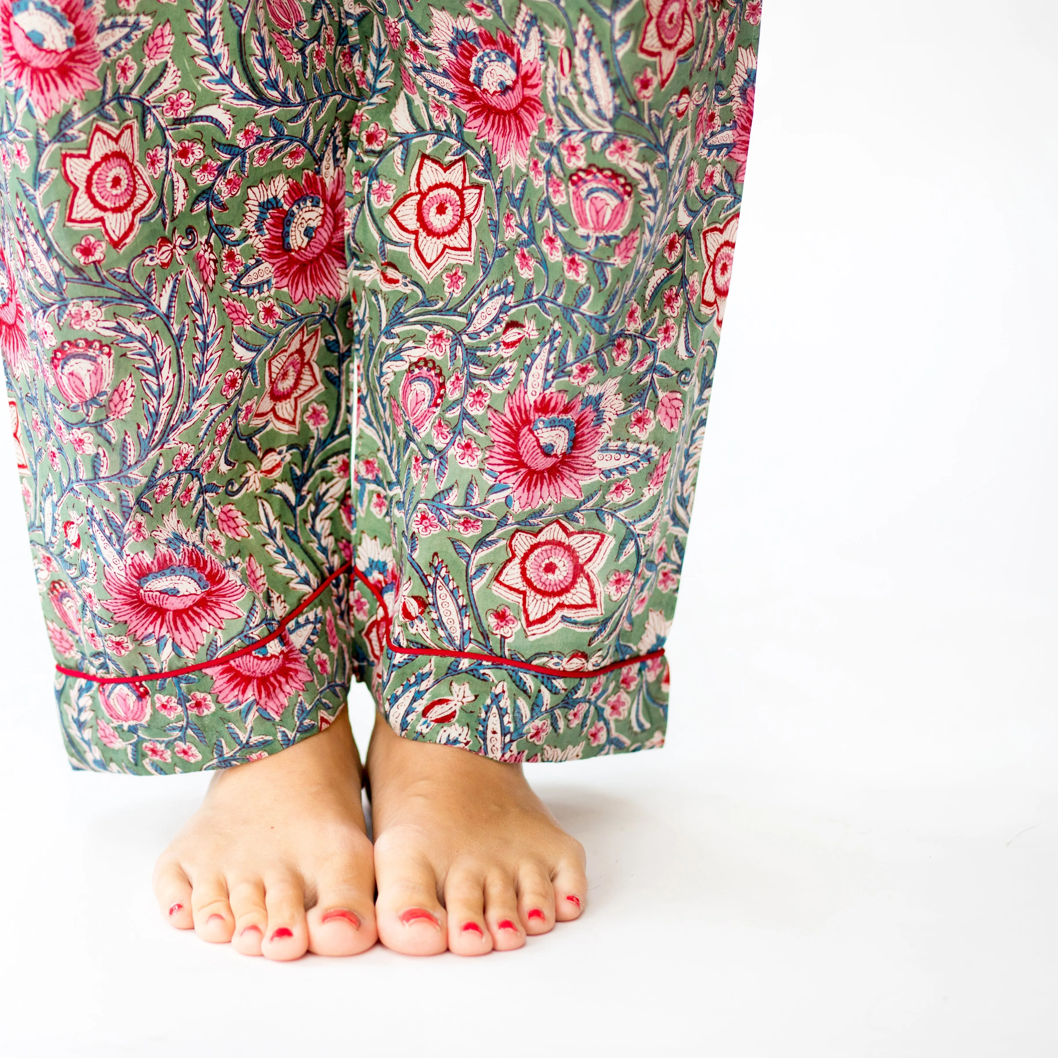 Long PJ Set in Green & Vibrant Pink Floral Block Print