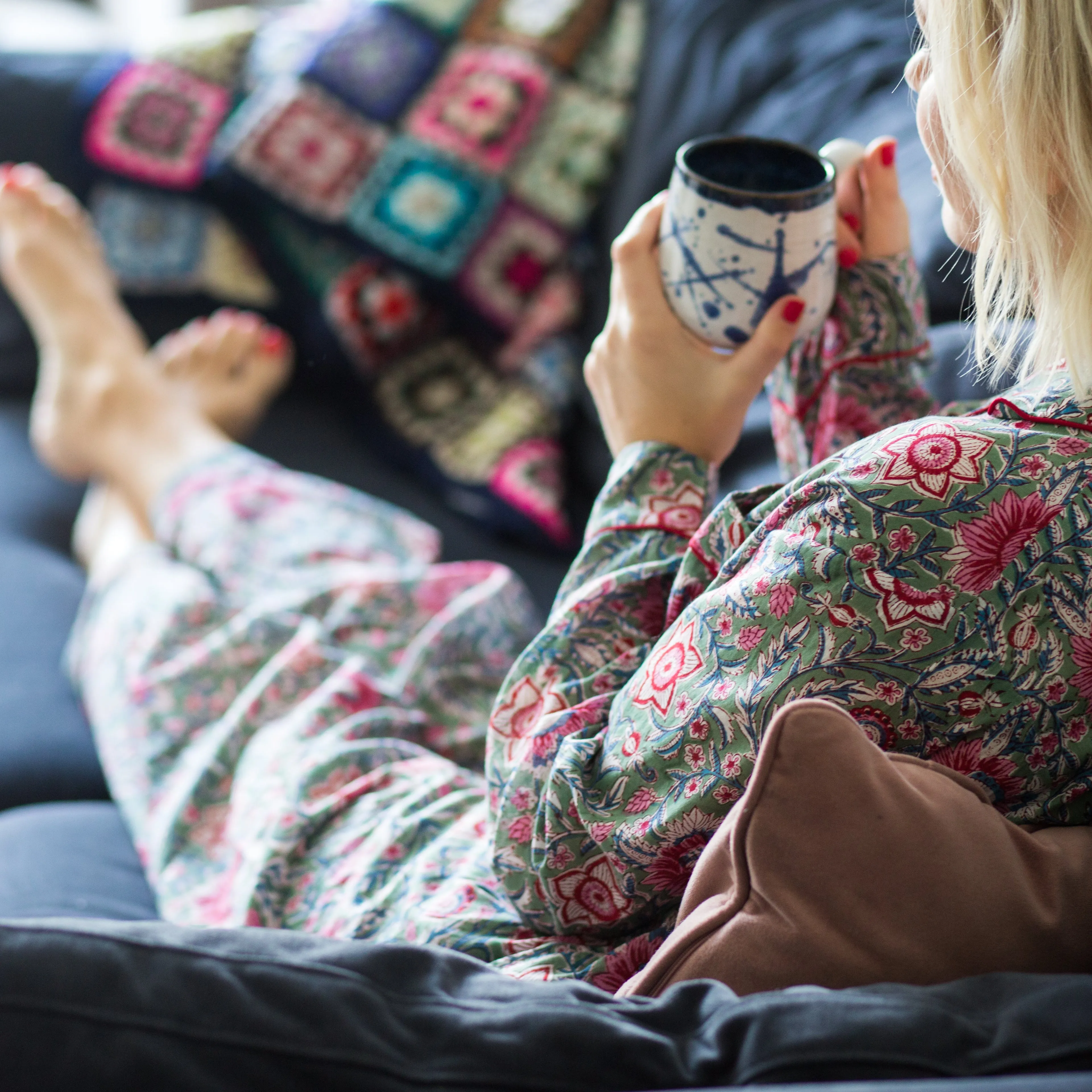 Long PJ Set in Green & Vibrant Pink Floral Block Print