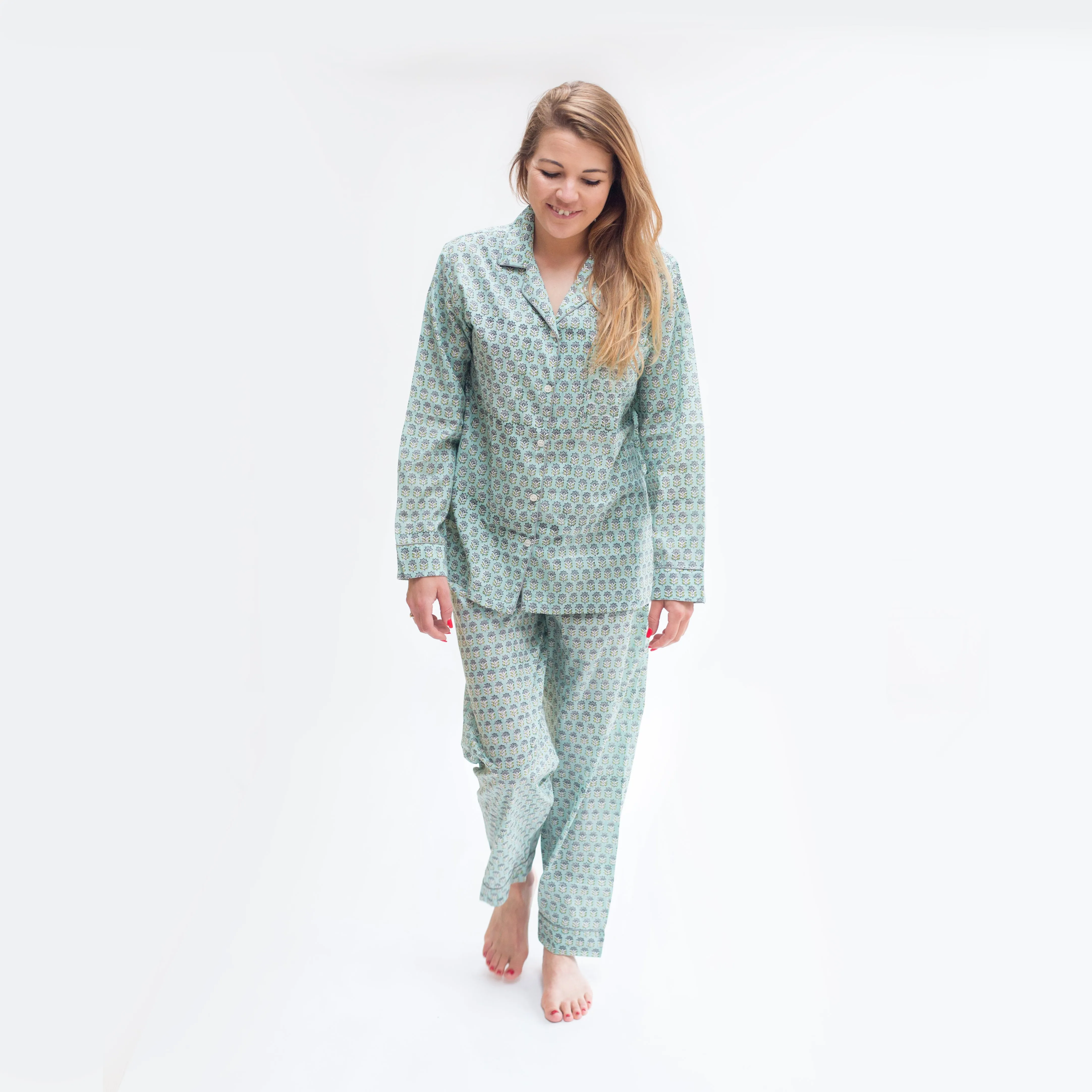 Long PJ Set in Mint Green Floral Block Print