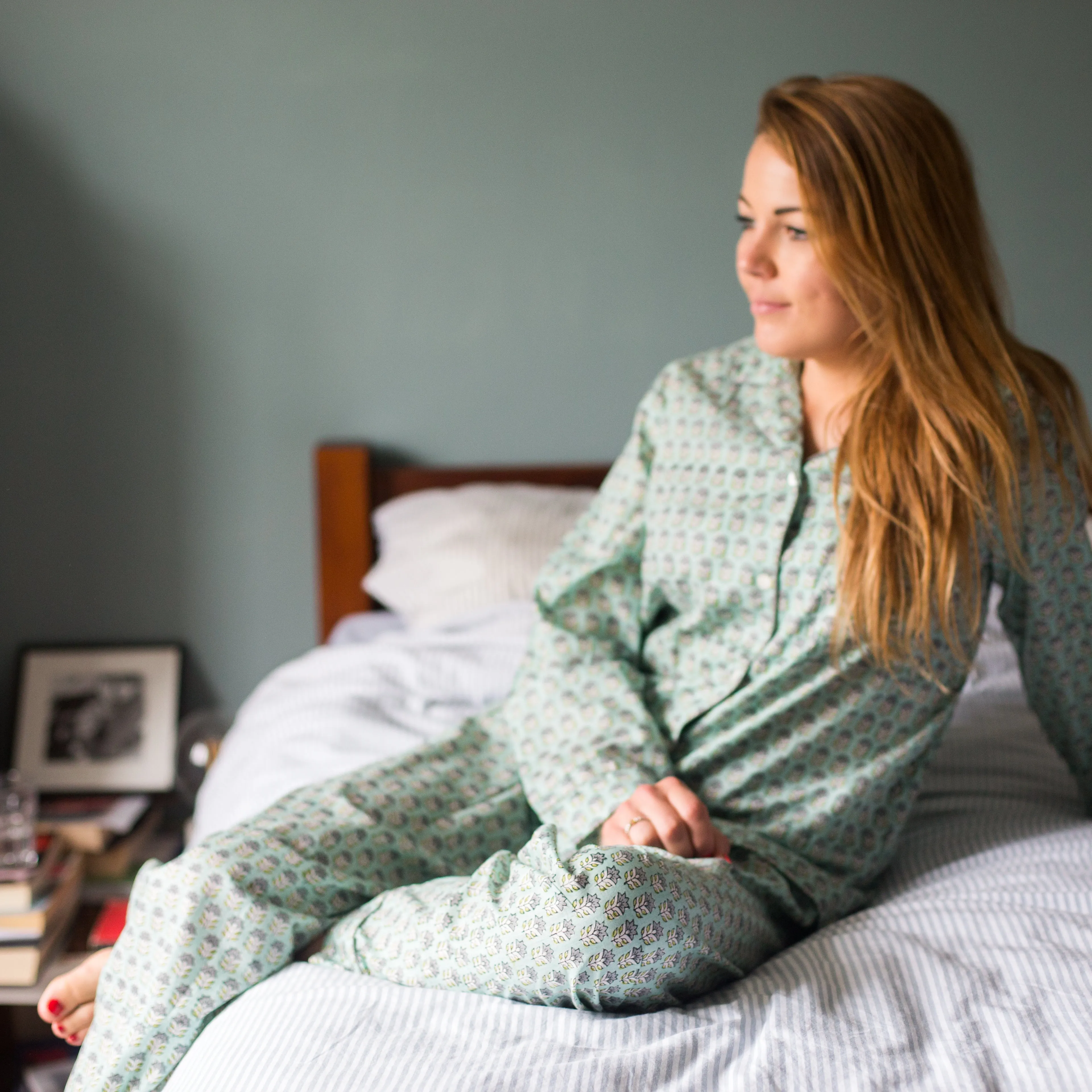 Long PJ Set in Mint Green Floral Block Print