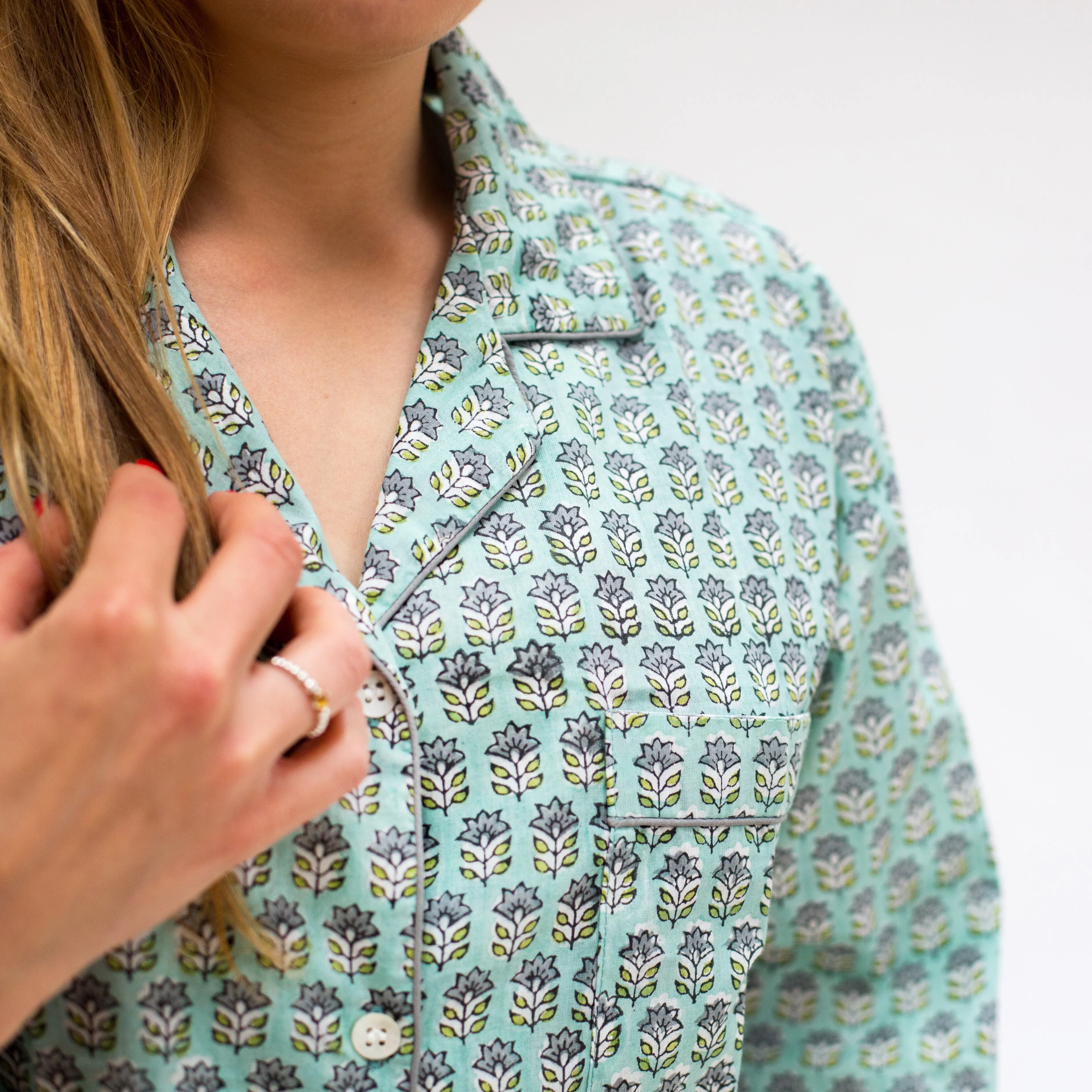 Long PJ Set in Mint Green Floral Block Print