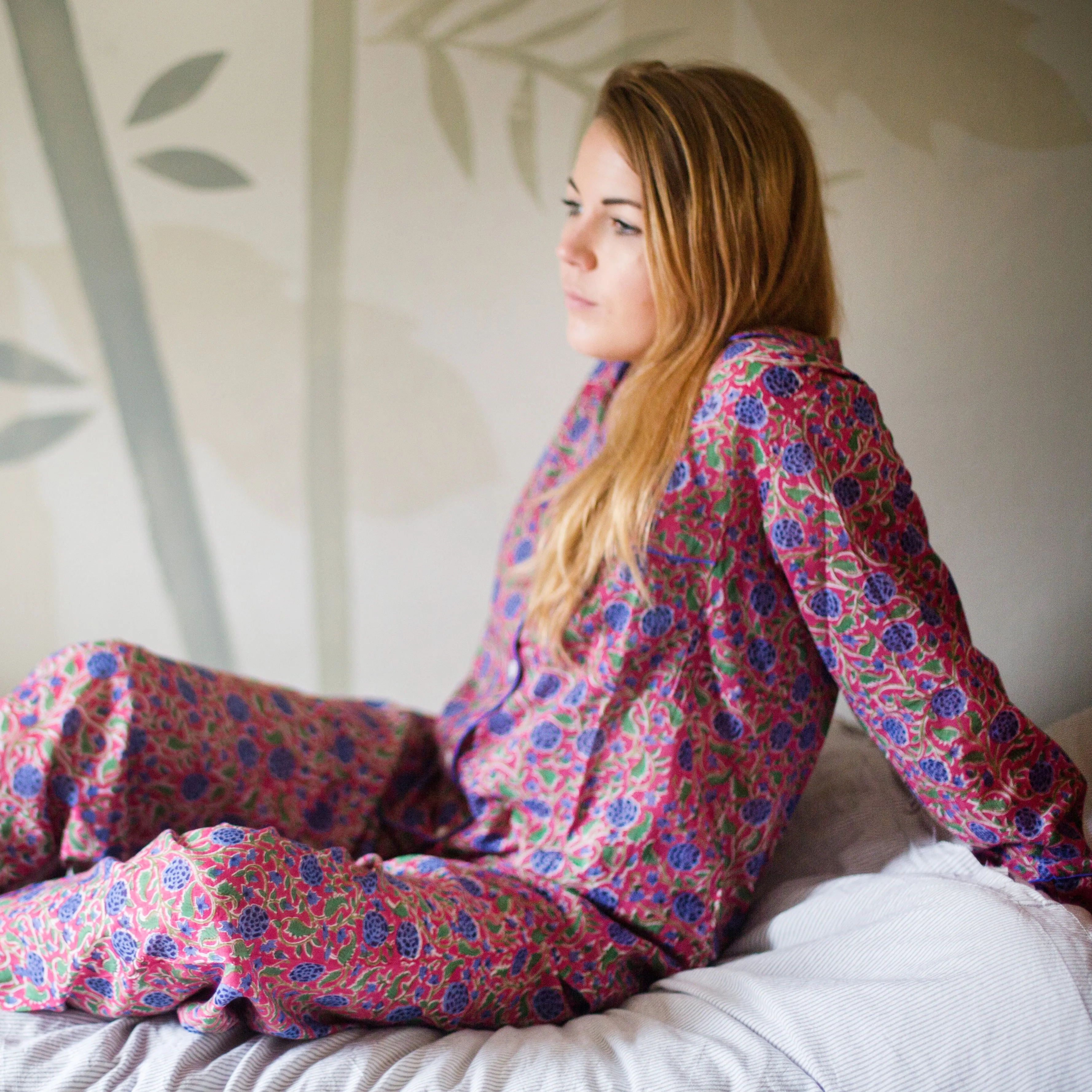 Long PJ Set in Pink, Blue & Green Floral Block Print