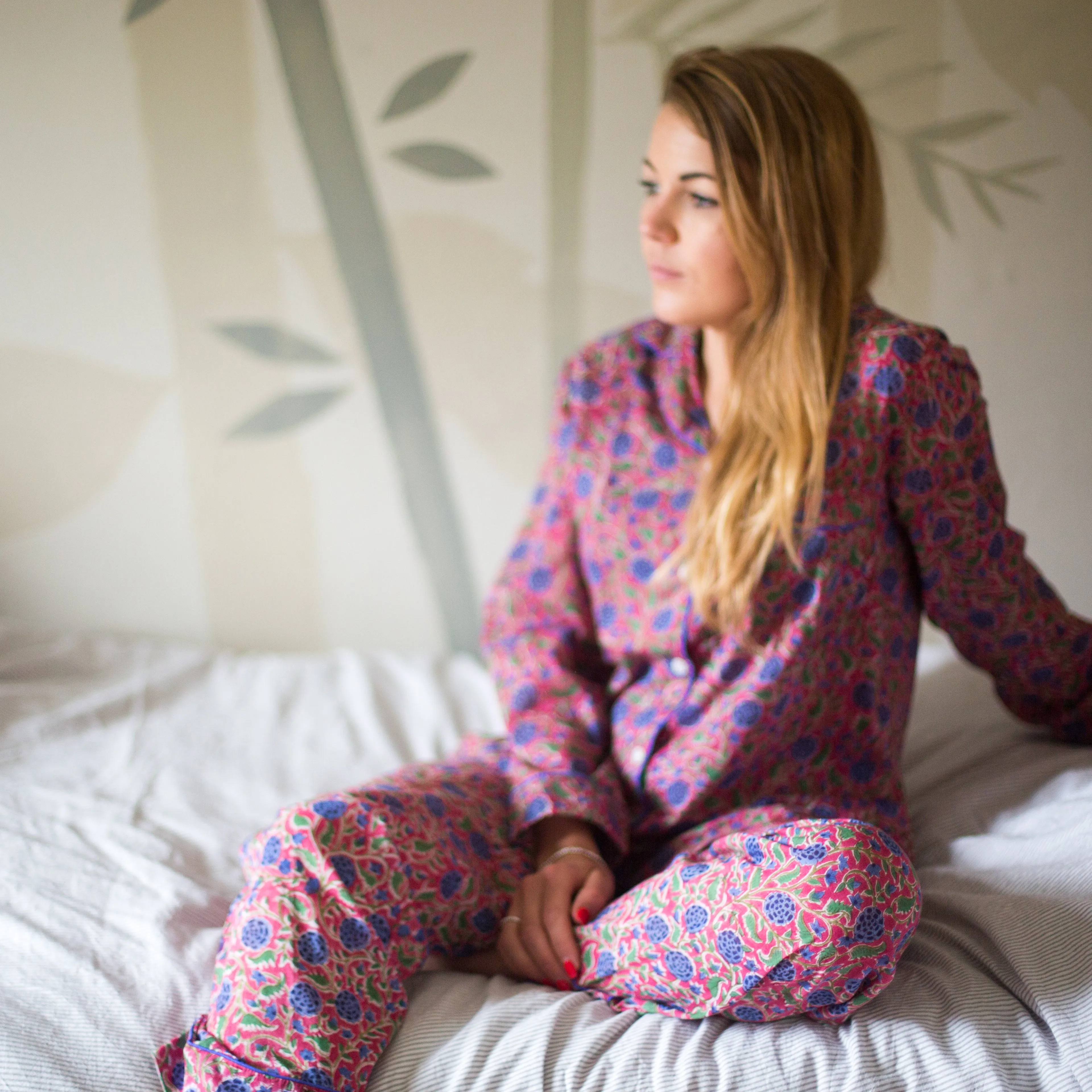 Long PJ Set in Pink, Blue & Green Floral Block Print