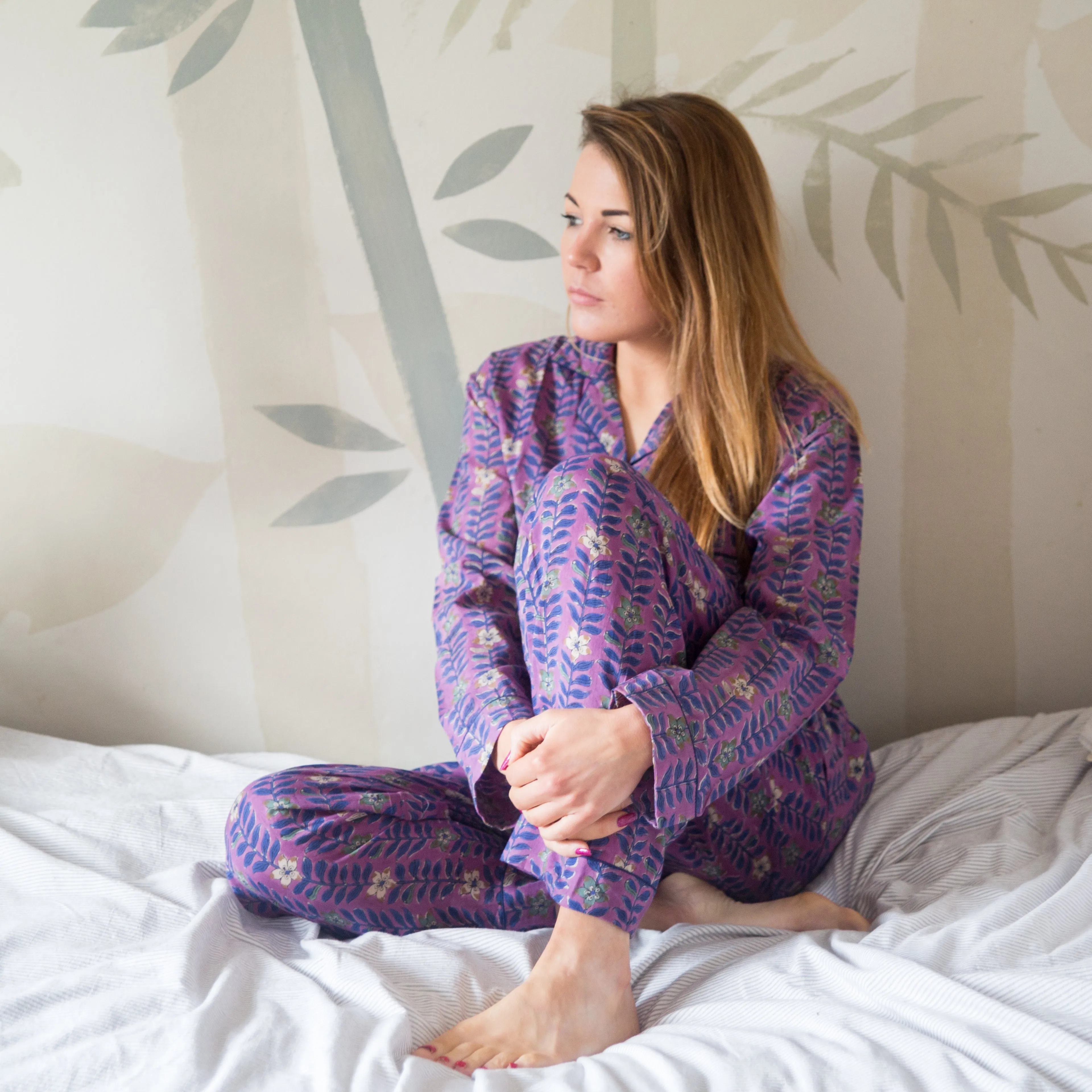 Long PJ Set in Purple Block Print