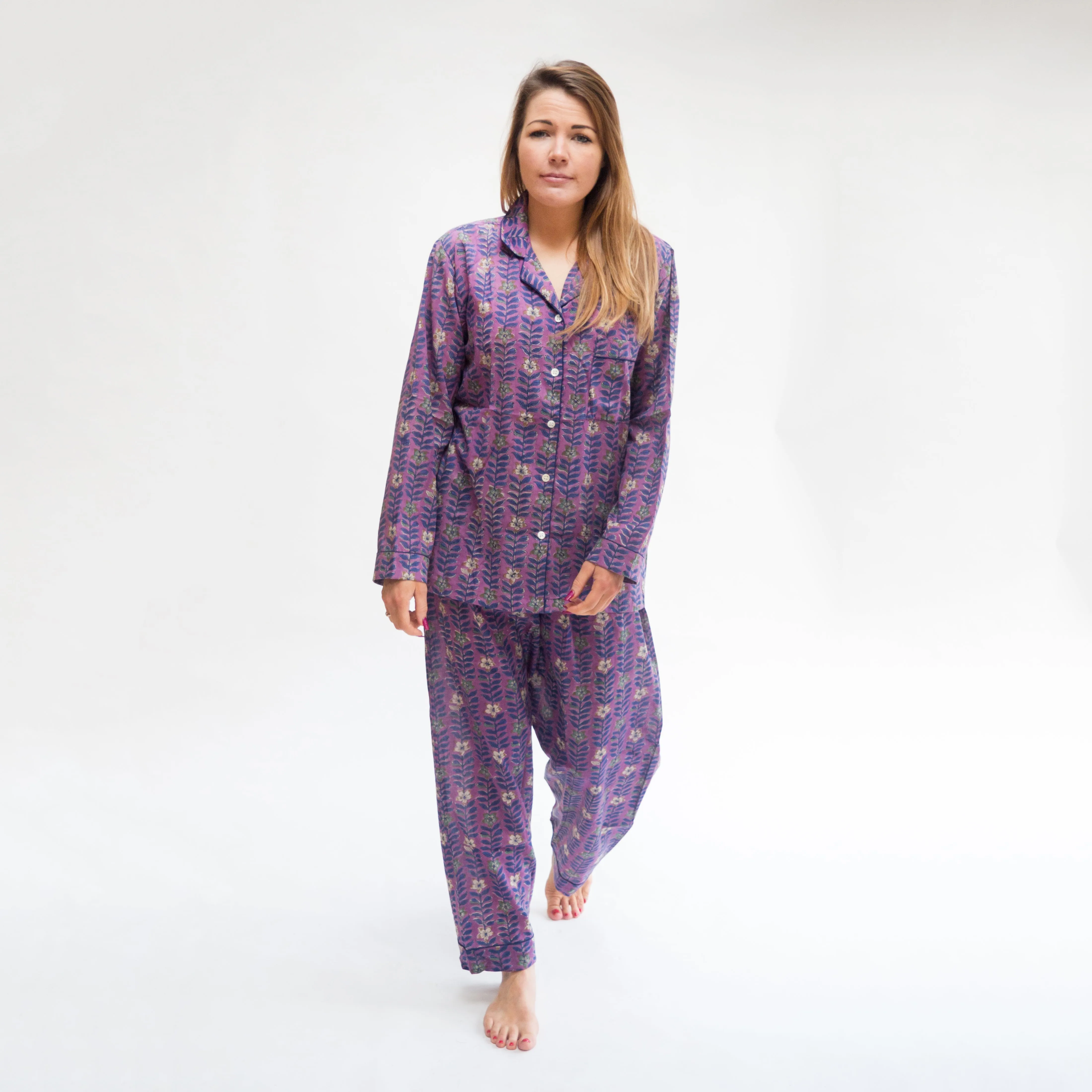 Long PJ Set in Purple Block Print