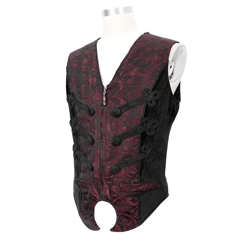 Men's Gothic Contrast Color Zip Jacquard Tailed Vests Dark Red