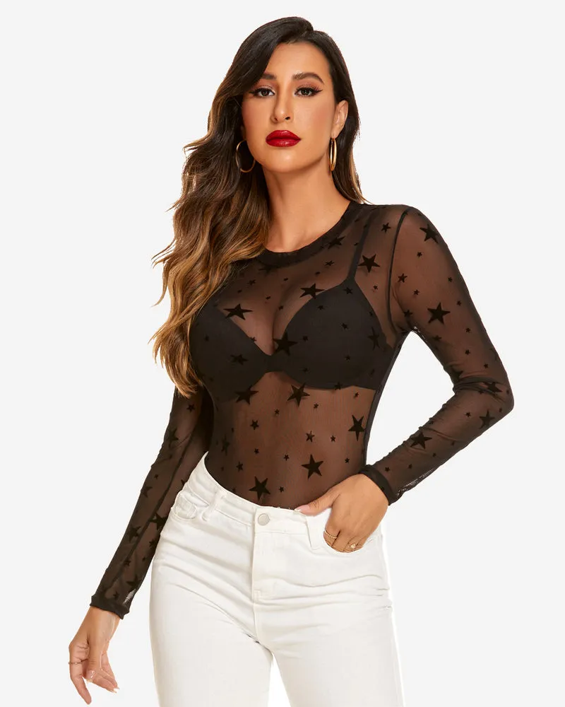 Mesh Snap Crotch Sheer Bodysuit