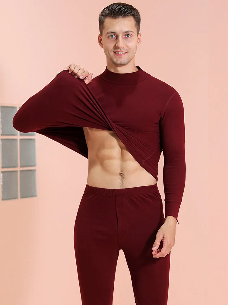 Mid Collar Fleece Thermal Underwear Couple Pajama Set