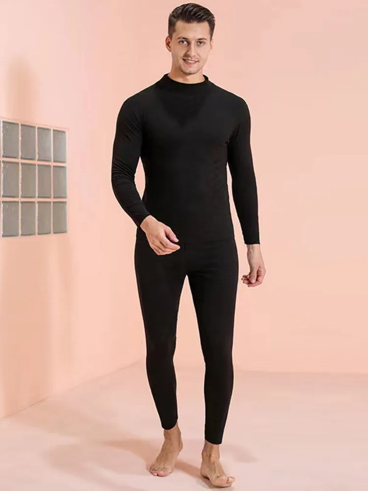 Mid Collar Fleece Thermal Underwear Couple Pajama Set