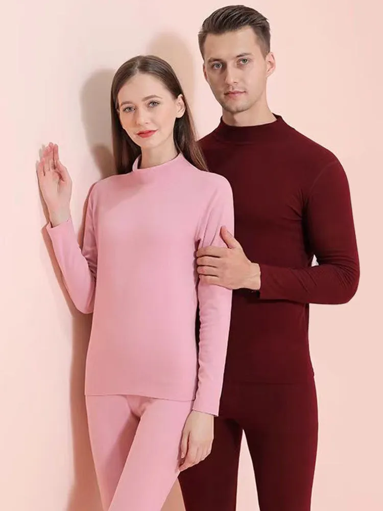 Mid Collar Fleece Thermal Underwear Couple Pajama Set