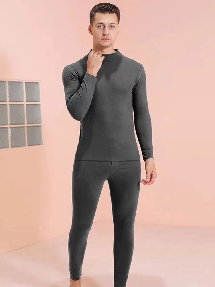 Mid Collar Fleece Thermal Underwear Couple Pajama Set