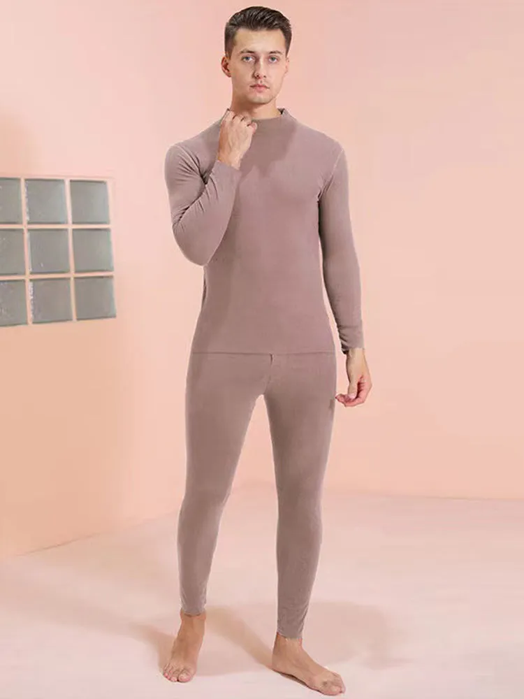 Mid Collar Fleece Thermal Underwear Couple Pajama Set