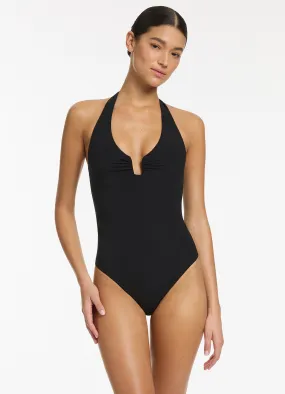 Midnight Tropical Halter One Piece - Black