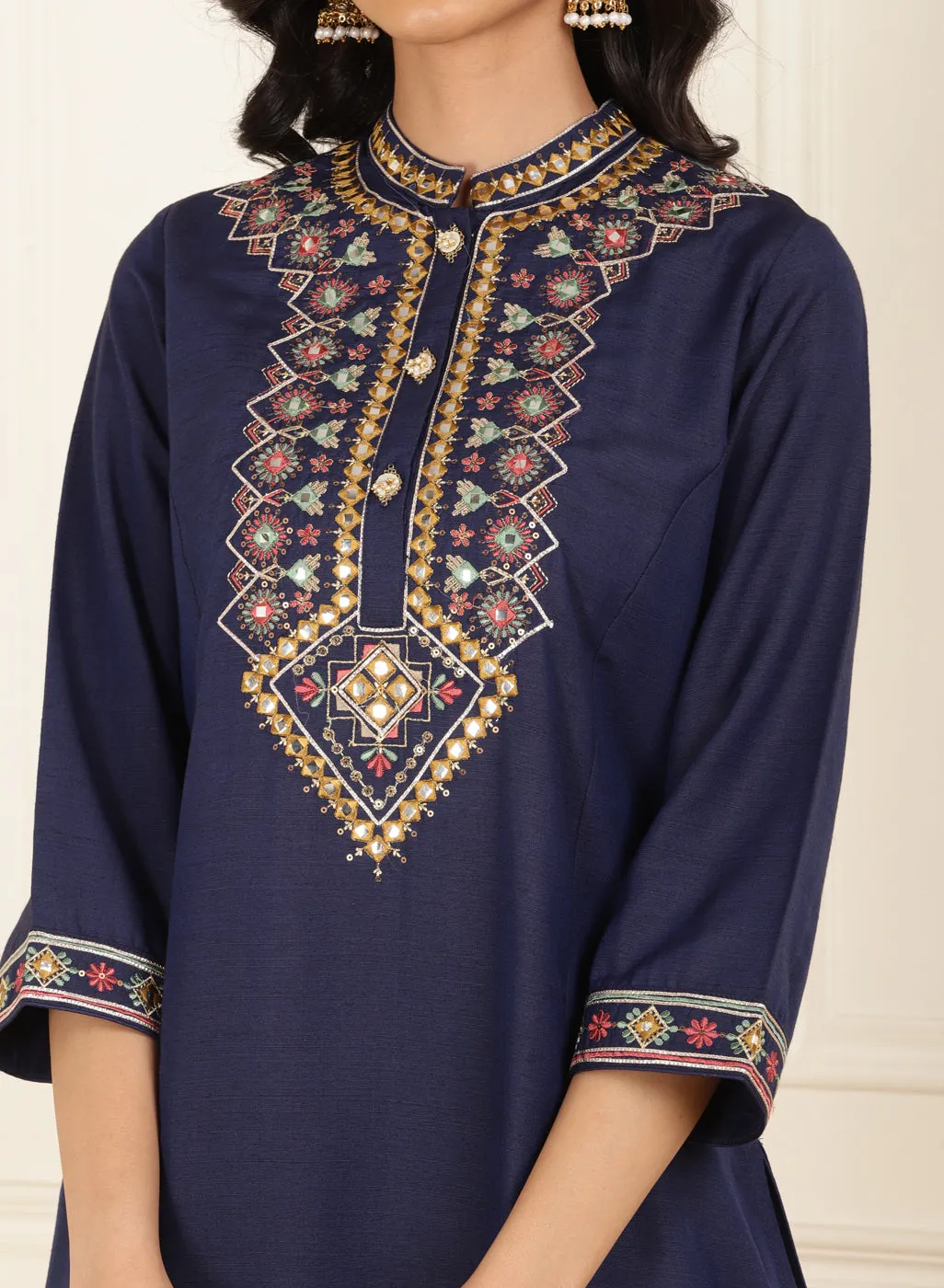 Navy Blue Embroidered Party Wear Kurta Set with Mirror Work