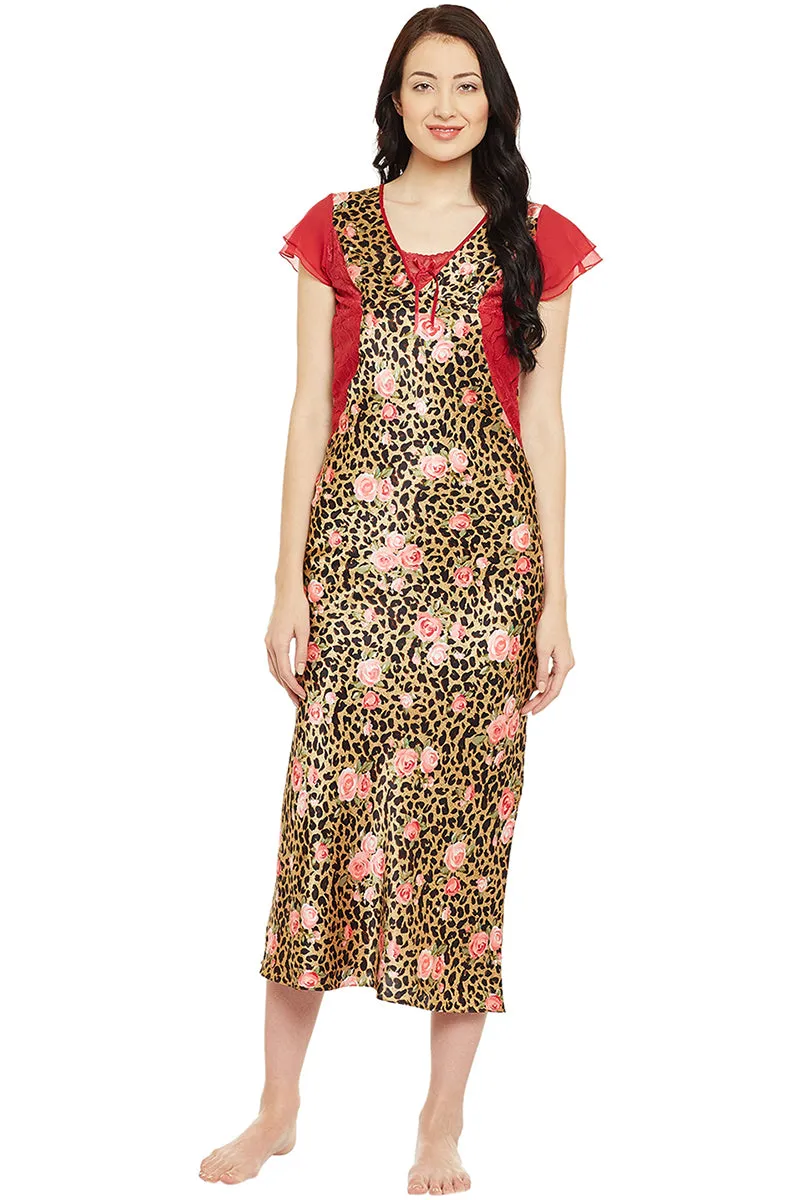 Printed Long Nighty In Gold Color