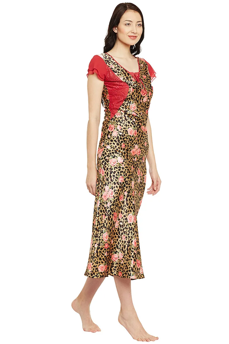 Printed Long Nighty In Gold Color