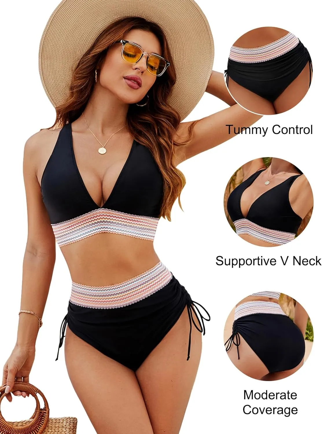 SheCurve®High Waisted Tummy Control Color Block Bikini Sets