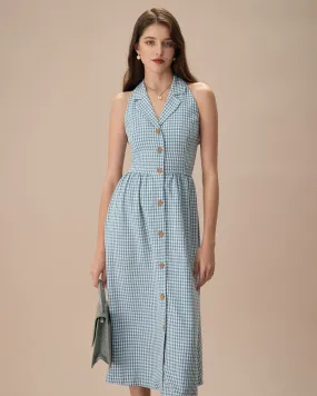 The Blue Lapel Plaid Sleeveless Shirt Midi Dress