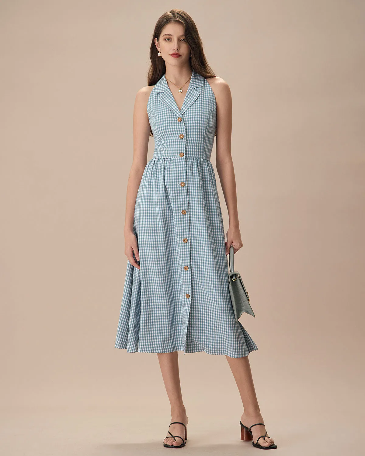 The Blue Lapel Plaid Sleeveless Shirt Midi Dress