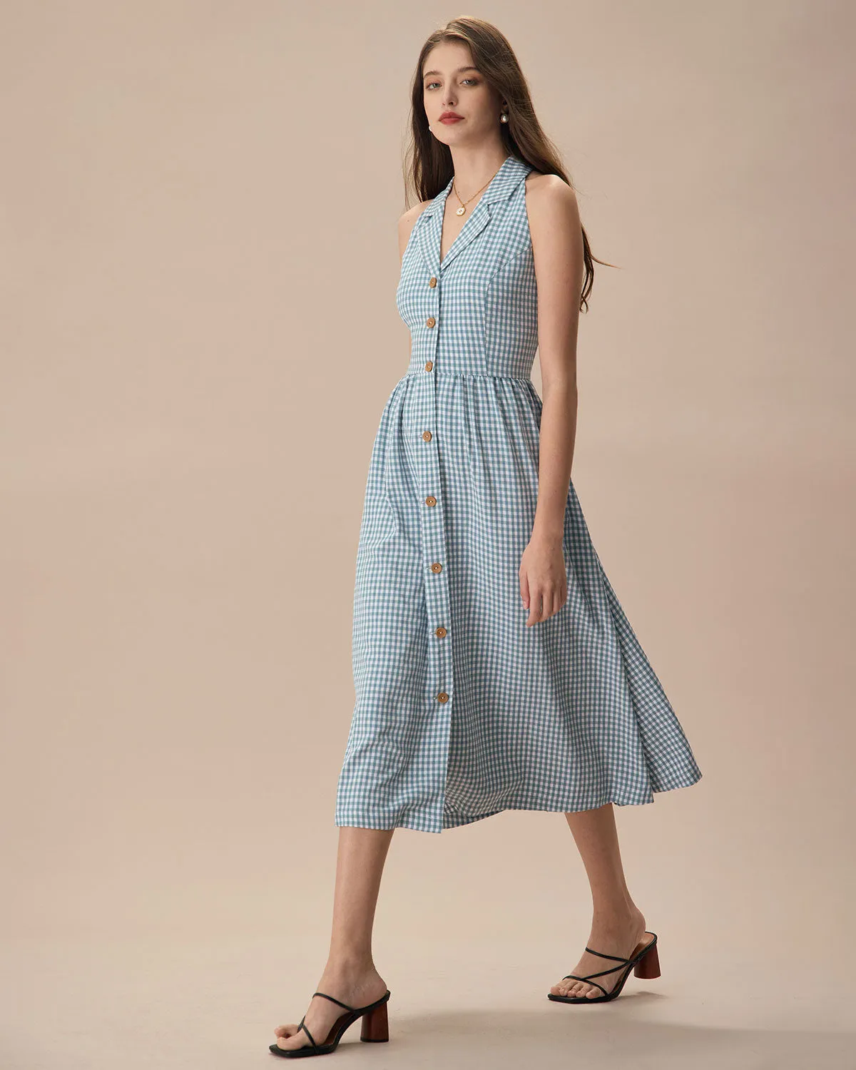 The Blue Lapel Plaid Sleeveless Shirt Midi Dress