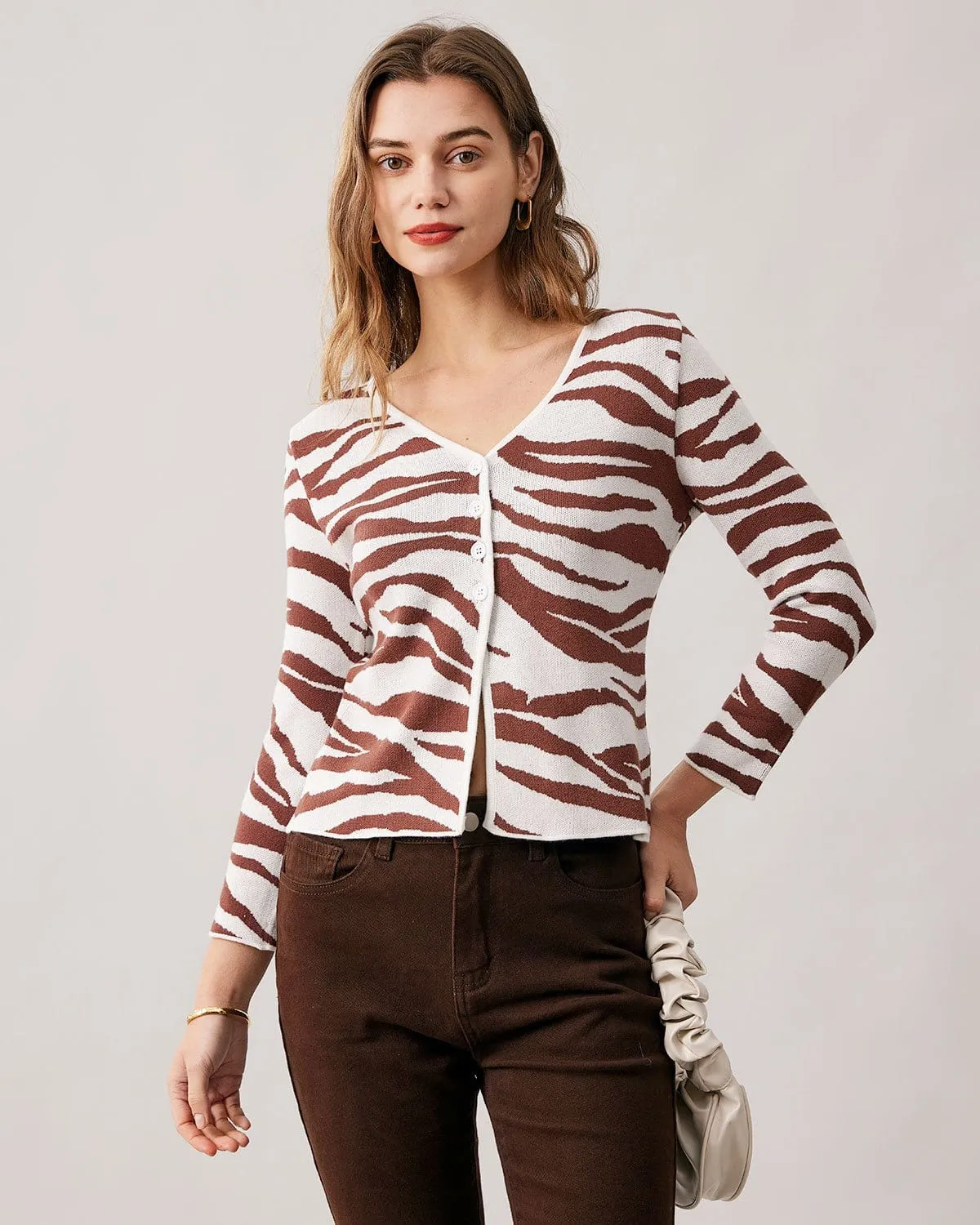 The Coffee V Neck Zebra Knit Cardigan