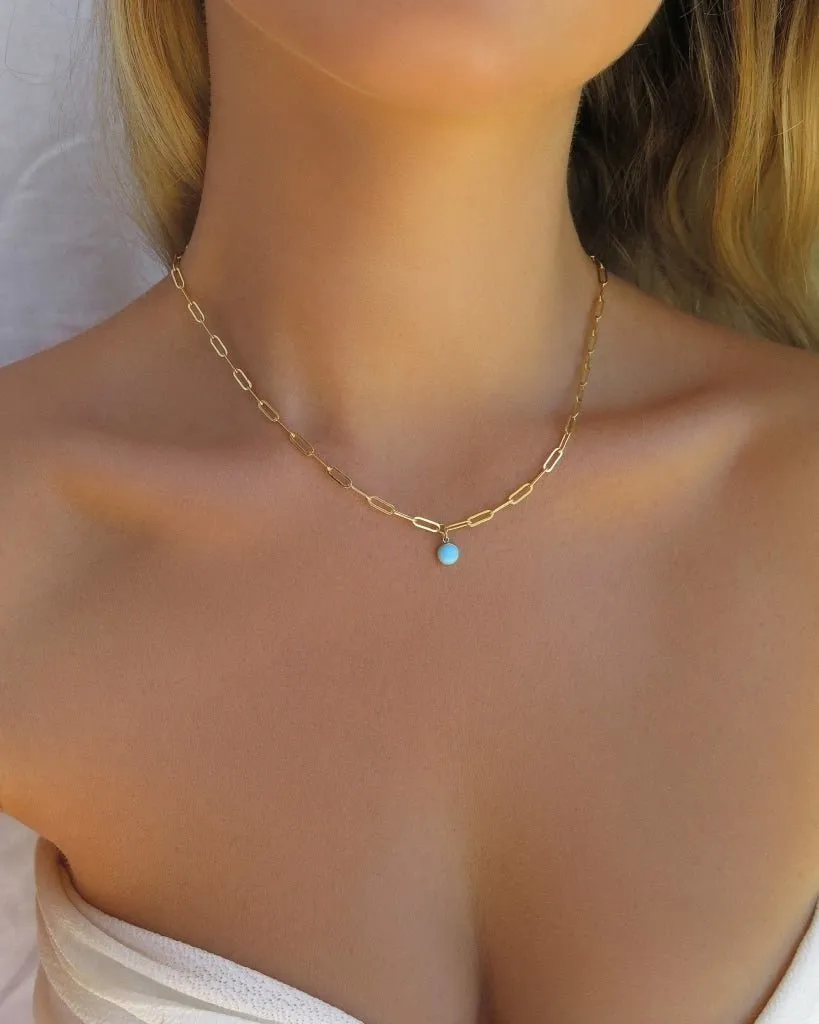 Turquoise Thick Drawn Cable Chain Necklace  - 14k Yellow Gold Fill