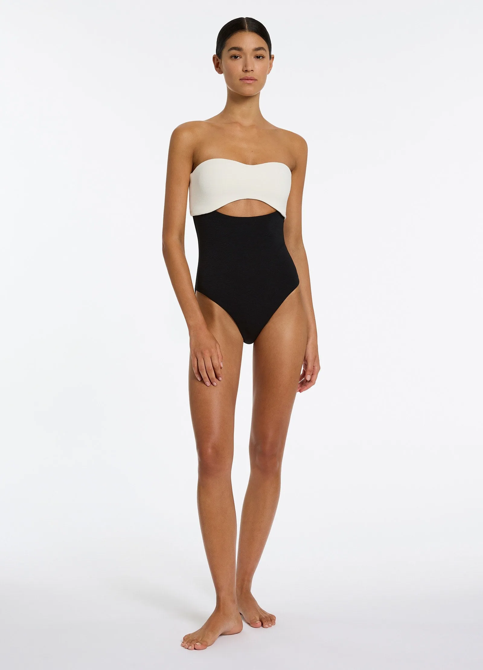 Versa Rib Cut Out Bandeau One Piece - Black/Cream