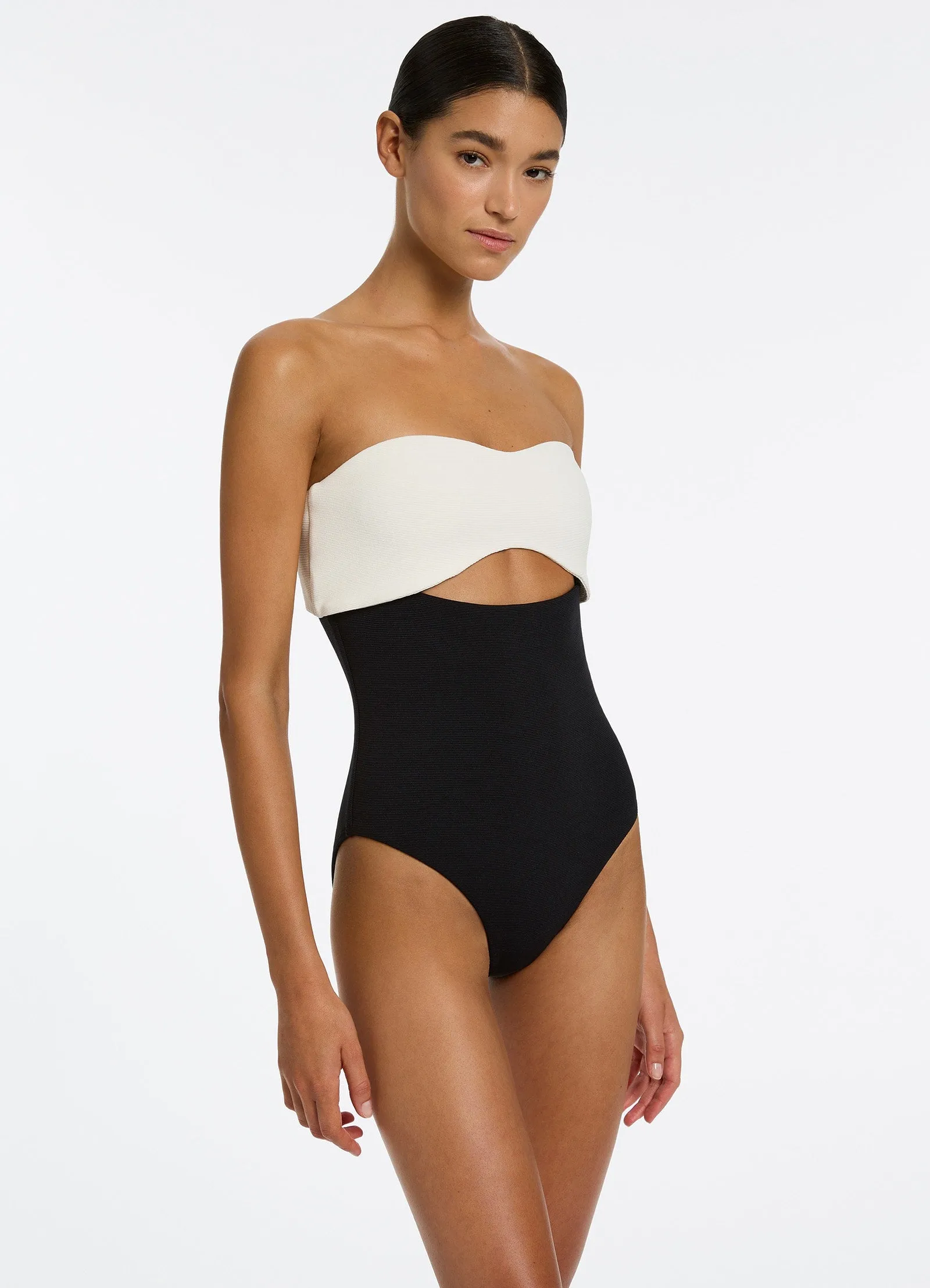 Versa Rib Cut Out Bandeau One Piece - Black/Cream