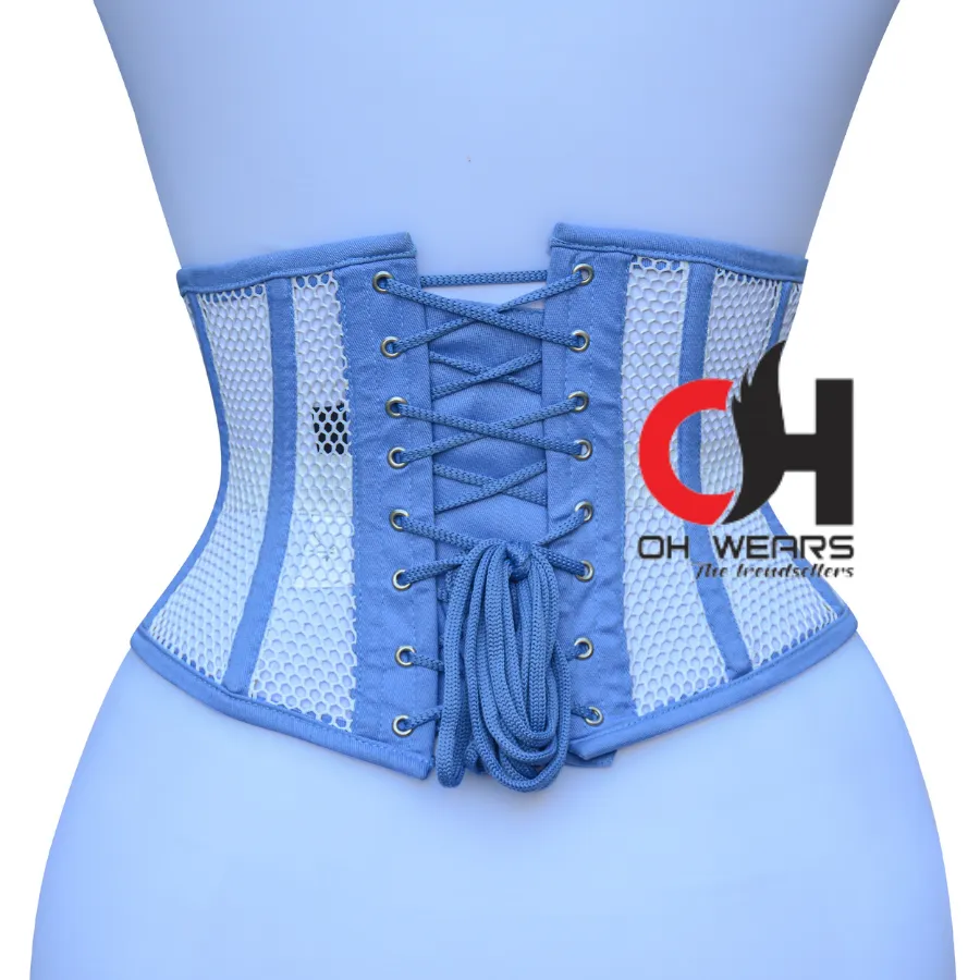 Women White Mesh Cotton Underbust Corset Steampunk Waist Cincher