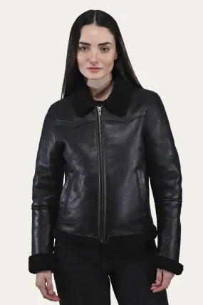 Women's Leather Jacket With Sherling Collar And Cuffs