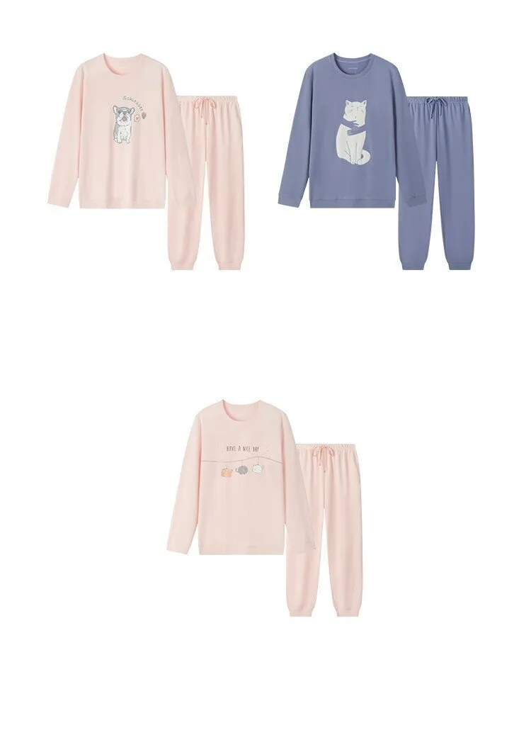 Women's Pure Cotton Pets Print Long Sleeved Casual Sleepwear Set