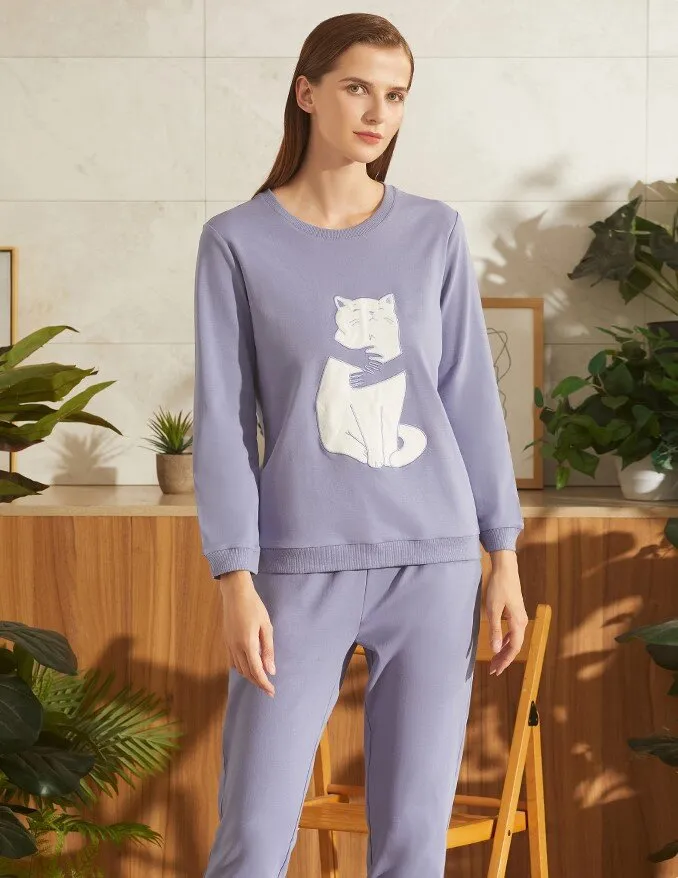 Women's Pure Cotton Pets Print Long Sleeved Casual Sleepwear Set