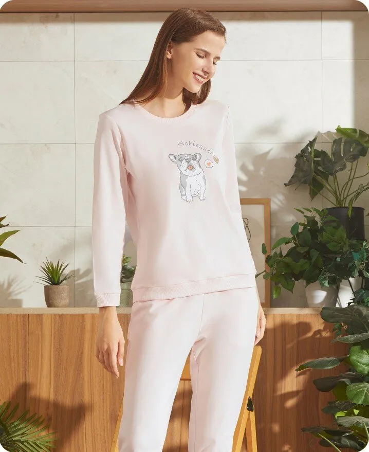 Women's Pure Cotton Pets Print Long Sleeved Casual Sleepwear Set